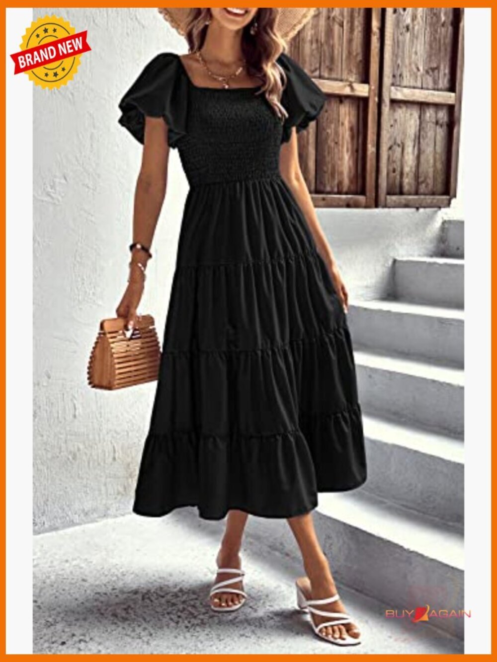 Smocked Midi Dress Puffy Short Sleeve Square Neck Tiered Ruffle A-Line Fit Flare - Picture 5 of 6